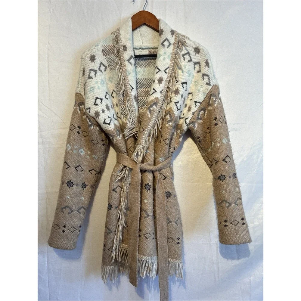 LUCKY BRAND Beige Fair Isle Print Open Front Tie Cardigan Sweater Womens size M - Picture 4 of 13